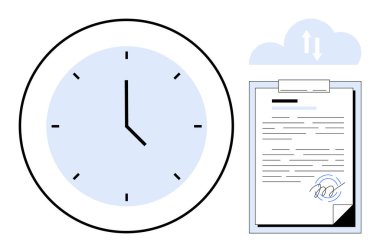 Zaman verimliliğini ve panoyu temsil eden saat, dijital depolamayı sembolize eden bir bulut altında imzalanmış belge. Üretkenlik, iş akışı, dijital imza, zaman izleme, verimlilik, bulut için ideal