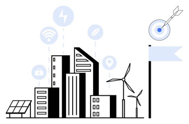 Güneş panelleri, rüzgar türbinleri ve yenilenebilir enerji ve teknoloji için dijital ikonlarıyla kentsel ufuk çizgisi. Oklu hedef yenilikleri, hedefleri ve başarıları simgeler. Sürdürülebilirlik için ideal