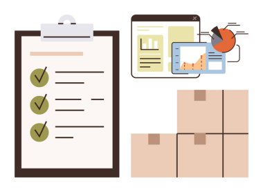 İş akışı yönetimi, organizasyon, tedarik zinciri, izleme, planlama, lojistik, envanter ve basit düz metaforu temsil eden ekranlar üzerinde kontrol listesi, istiflenmiş kutular ve veri tablosu