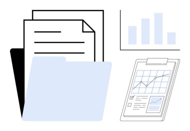 Veri görselleştirme, organizasyon ve raporlama raporlu bir klasör, bar çizelgesi ve panodaki belgeler. İş yeri, ofis, verimlilik, veri analiz organizasyonu için ideal