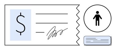 Dolar işareti, imza çizgileri, insan figürü simgesi ve metin kutusu olan dikdörtgen kontrol. Finans, ödeme, bankacılık, iş, muhasebe bordrosu sözleşmeleri ve anlaşmalar için idealdir.