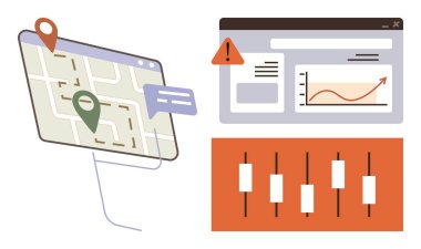İğneli etkileşimli harita, büyüme eğilimlerini gösteren çizelge ve kontrol paneli. Navigasyon, veri analizi, rota planlaması, ticaret, ticaret, teknoloji için idealdir. Basit düz metafor