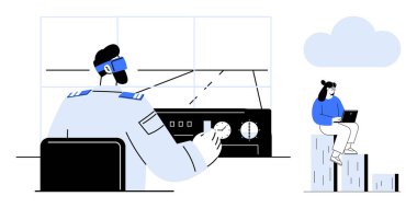 Pilot uçak kontrol paneli, gökdelendeki kadının bulut altında dizüstü bilgisayarda çalışması gibi. Havacılık, teknoloji, iletişim, takım çalışması, liderlik, yenilik, bulut hesaplama, basit