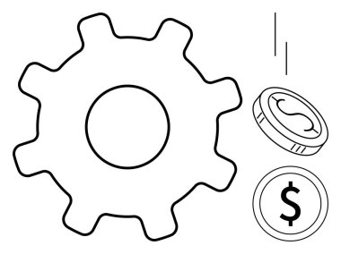 Dolar sembollü bozuk paraların yanında büyük teçhizat, iş dinamiği, kâr üretimi ve mali yönetim kavramlarını ön plana çıkarıyor. Finans, süreç optimizasyonu ve takım çalışması için ideal