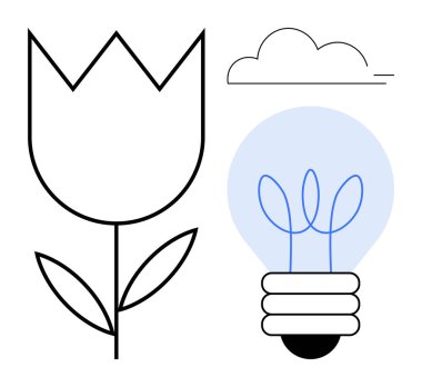 Üzerinde minimalist bulutlar olan bir ampulün içinde büyüyen çiçek. Yenilik için ideal, sürdürülebilirlik, büyüme, yaratıcılık, eko-dostluk, ilham, doğa. Basit düz metafor