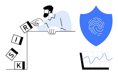 Adam düşen risk bloklarını, parmak izi olan güvenlik kalkanını ve veri tablosunu engelliyor. Risk yönetimi, siber güvenlik, karar verme, iş stratejisi, analitik güvenlik ekip çalışması için ideal. Basit.