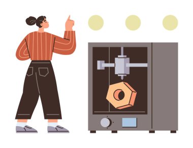 Kadın üç boyutlu yazıcıyı işaret ediyor. Turuncu geometrik nesne üretiyor. 3D baskı, yenilik, imalat, teknoloji, süreç, yaratıcılık ve eğitim için idealdir. Basit bir düz metafor.