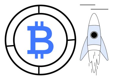Kalın dizaynlı Bitcoin logosu basit bir roket fırlatma grafiğiyle eşleştirildi. Finans, kripto para birimi, yatırım, büyüme, yenilik, teknoloji, girişimler için idealdir. Temiz ve basit düz metafor