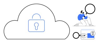 Bulutun içindeki asma kilit veri güvenliğini özetliyor. İnsan büyüteçle inceler. Kullanıcı kimlik doğrulaması gösterildi. Siber güvenlik, gizlilik, veri erişimi, bulut depolama, teknolojik çözümler için ideal