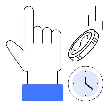 Yazı tura ve analog saati olan el hareketi karar vermeyi, şansı, zamanlamayı ve öncelikleri sembolize eder. Basit düz metafor planlaması için strateji, opsiyonlar, yönetim ve şans süreleri için ideal