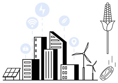 Rüzgâr türbinleri, güneş panelleri, dijital bağlantı ikonları, yenilenebilir enerji, finans, tarım yenilikleri olan şehir silueti. Akıllı şehir, yenilenebilir gelecek ve kentsel gelişim için ideal