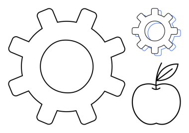 Daha küçük teçhizatlı büyük teçhizat ve saplı elma. Mekanik, teknoloji, tarım, üretkenlik, denge, yenilik, fikir bağlantısı, basit düz metafor