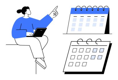 Takvimi işaret ederken dizüstü bilgisayar kullanan bir kadın. İki masa takvimi belirli günleri vurgular. Planlama, üretkenlik, zaman yönetimi, programlama, organizasyon, strateji, basit daire