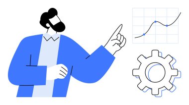 Adam yükselen bir eğilimle büyüme grafiğini işaret ediyor. Vites, süreç, planlama, üretkenlik öneriyor. İş, strateji, takım çalışması, başarı yönetimi planlama analizi için ideal. Basit düz metafor