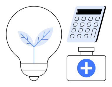 İçinde bir filiz, hesap makinesi ve sağlık kutusu bulunan ampul sürdürülebilirlik, yenilik, sağlık, finans, çevre dostu çözümler, bilimsel büyüme stratejileri, karar verme mekanizması,