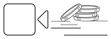 Yığılmış bozuk paralarla eşleştirilmiş kare oynatma düğmesi video monetizasyonunu resmediyor. Medya kazançları, içerik oluşturma, reklam, dijital iş, finansal büyüme, yayın hizmetleri, basit daire