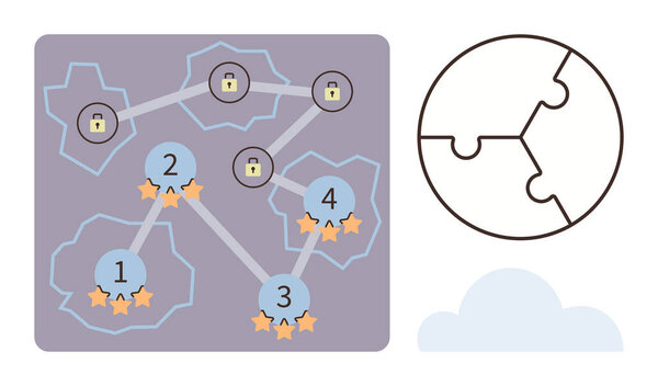 Прозрачный путь с нумерованными уровнями, звездными наградами, запертыми узлами, пуделем и акцентом на облаках. Идеально подходит для образования, стратегии, gamification вехи прогресса мотивации и совместной работы. Simple