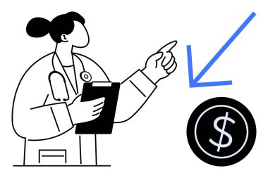 Elinde bir pano tutan kadın doktor, sağlık harcamalarına odaklanan bir okla büyük bir dolar işaretini işaret ediyor. Finans, sağlık, analiz, yatırım, tasarruf, sağlık giderleri için ideal