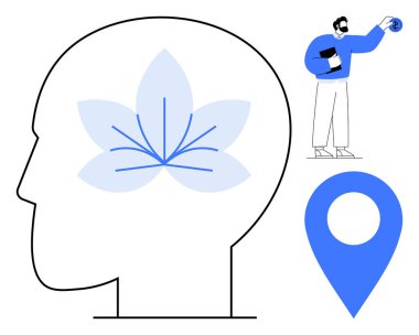 Yaprak grafikli baş silueti, insan elinde nesne, lokasyon iğnesi. Farkındalık, yaratıcılık, kişisel büyüme, odaklanma, zihinsel sağlık karar verme süreci için idealdir. Basit düz metafor