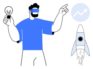 AR gözlüğü kullanan kişi ampulü tutarken büyüme okuna işaret ediyor. Roket, yeniliği, teknolojiyi ve başlangıç başarısını sembolize ediyor. Yenilik, strateji ve liderlik için ideal