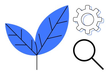 Mavi yaprak, vites ve büyüteç keşif, sürdürülebilirlik, yenilik ve araştırmayı vurgular. Teknoloji, çevre, ekoloji, eko-iş gelişimi için ideal basit düz