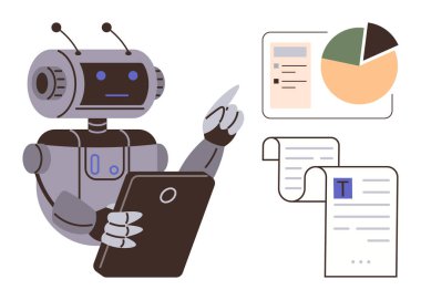Robot bir tabletle etkileşime giriyor, pasta grafiğini ve dijital ve yazılı belgelerdeki verileri analiz ediyor. Teknoloji, yapay zeka, otomasyon, analitik, yenilik, veri işleme, gelecekçi kavramlar için ideal