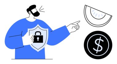 Elinde kilit temalı bir kalkan tutan kişi dolar sikkesi ve dilimlenmiş meyveyi işaret ediyor. Koruma, güvenlik, finans, karar verme, siber güvenlik, yatırım temalarının korunması için ideal. Basit düz metafor