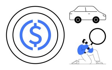 Dolar sembolü ve arabanın yanında büyüteçle diz çökmüş bir adam, maliyet değerlendirmesi, finansal planlama, krediler veya fiyatlandırma öneriyor. Yatırım, ekonomi, bütçe ticaret kredileri için ideal. Basit.