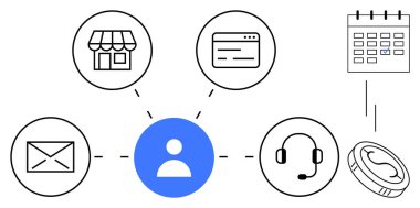 E- posta, mağaza önü, web tarayıcı, takvim, kulaklık ve paraya bağlı kullanıcı simgesi. Müşteri desteği, hizmet stratejisi, haberleşme işletme yönetimi için ideal finansman sade konut