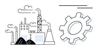 Duman yığınları, bulutlar, vites ögesi olan fabrika binaları. Mühendislik, üretim, enerji, teknoloji, endüstriyel yenilik otomasyon tedarik zincirleri için idealdir. Basit bir düz metafor.