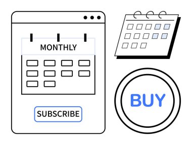 Abonelik arayüzü olan aylık takvim, ayırılmış takvim ve satın alma düğmesi. E-ticaret, abonelik hizmetleri, ödeme sistemleri, dijital pazarlama, SaaS platformları, bütçe planlaması için ideal