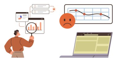 Erkek figürü, performans sorunları gösteren bir büyüteç kullanarak grafiklerde ve grafiklerde aşağı yönlü eğilimleri inceliyor. İş analizleri, web sitesi optimizasyonu, veri izleme ve raporlama için ideal