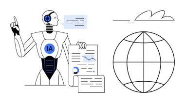 Yapay zeka robotu dosyaları grafik ve verilerle analiz ediyor, küresel bağlantıyı, yeniliği ve teknolojiyi sembolize ediyor. Yapay zeka, veri bilimi, otomasyon, küresel erişim, analitik makine öğrenimi için ideal