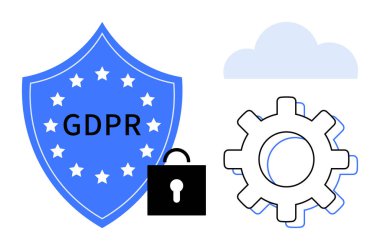 GDPR kalkanı, asma kilit, dişli ve bulut veri gizliliğini, güvenliği, uyumu, yönetmelikleri ve bulut süreçlerini sembolize eder. Yasal siber güvenlik için ideal bilişim veri koruması bulut depolama kullanıcı gizliliği