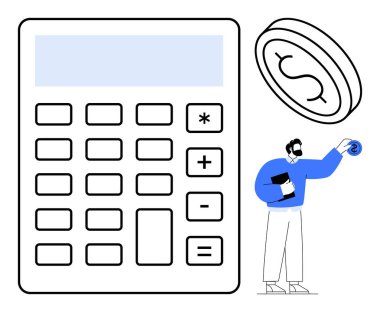 Önde gelen düğmeleri olan büyük hesap makinesi elinde bir dolar olan bir adamın yanında duruyor. Bütçeyi, yönetimi ve finansmanı temsil ediyor. Muhasebe, tasarruf, yatırım, iş, strateji matematiği için ideal
