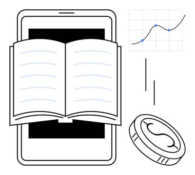 Tablet ekranda açık kitap, yukarı doğru eğilimi gösteren grafik, değeri temsil eden madeni para. Eğitim, e-öğrenme, teknoloji, büyüme, finansal yenilik başarı kavramları için idealdir. Basit düz metafor