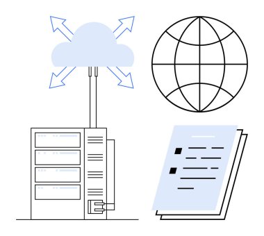 Oklarla, küresel ağ küresiyle ve organize belge sayfalarıyla buluta bağlanan sunucu. Bulut hesaplama, küresel ağ, veri depolama, bilgi paylaşımı, teknoloji kavramları için ideal