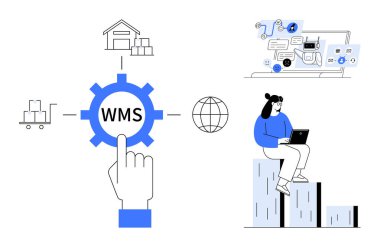 Depoya, el arabasına, analize ve küresel ağa bağlı WMS teçhizatı. Grafik çubuklarındaki dizüstü bilgisayar verilerini analiz eden kişi. Lojistik, e-ticaret, tedarik zinciri, otomasyon analizleri için ideal