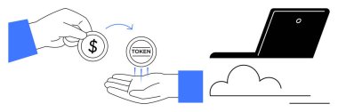 El çabukluğu, para verme ve dizüstü bilgisayar ve bulut elementi içeren bir jeton alma. Fintech, kripto para birimi, çevrimiçi ödeme, dijital ekonomi, e-ticaret, jeton engelleme zinciri için ideal. Basit düz metafor
