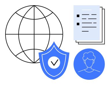 Küre dünya çapında kapsamı temsil eder, kalkan doğrulamayla güvenliği sağlar, belgeler veriyi ima eder ve kullanıcı simgesi kişiselleştirmeyi onaylar. Siber güvenlik, gizlilik, kimlik doğrulama için ideal