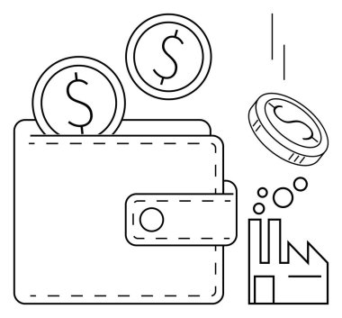 Cüzdanında bozuk para, fabrikadan akan para kazanç, tasarruf veya yatırım öneriyor. Finans, iş, ekonomi, gelir tasarrufu üretimi için ideal. Basit düz metafor