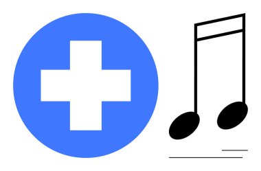 Müzik notalarının yanında mavi dairesel tıbbi haç. Sağlık, müzik terapisi, sağlık, yaratıcılık, şifa, sanat ve duyguları temsil eder. Bütünsel bakım için ideal basit düz metafor