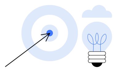 Ok hedefi vuruyor, soyut mavi ampul ve bulut çizgisi. Hedef belirleme, yenilik, yaratıcılık, odaklanma, planlama, strateji problemi çözmek için idealdir. Modern basit düz metafor