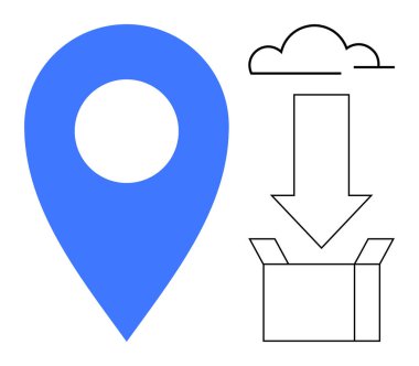 Mavi lokasyon iğnesi, bulut, aşağı doğru ok ve lojistik, teslimat, bulut deposu, veri transferi, dosya paylaşımı dijital servisleri sembolize eden açık kutu. Modern dijital için ideal