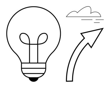 Ampul, yukarı doğru ok ve fikirleri, yaratıcılığı ve hırsı gösteren bulut. Yenilik, büyüme, ilerleme stratejisi kavramsal düşünce üretkenliği beyin fırtınası için idealdir. Basit düz