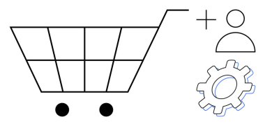 E- ticareti, hesap yönetimini, kişiselleştirmeyi ve çevrimiçi alışverişi temsil eden vites ve kullanıcı simgeleriyle alışveriş arabası taslağı. Pazarlama, teknoloji, kullanıcı deneyimi ve hizmetler için ideal