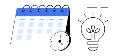 Spiral takvim, saati gösteren saat ve yenilik için parlayan ampul. Planlama, planlama, mühlet, verimlilik, zaman yönetimi, yaratıcılık için ideal basit düz metafor