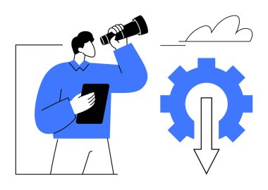 Teleskop ve tableti bir dişli ve aşağı doğru ok ile tutan kişi, stratejiyi sembolize ediyor, gelişim süreci, yenilik, problem çözme. İş, teknoloji, vizyon, üretkenlik için ideal