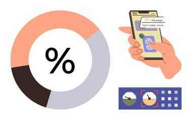 Yüzdeye sahip pasta grafiği, biyometrik doğrulama için cep telefonu kullanımı, analitik gösterge paneli görselleri. Güvenlik, teknoloji, finans, analitik, doğrulama, haberleşme eğitimi için ideal