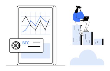 Yükselen grafik ile Bitcoin grafiğini gösteren mobil ekran, dizüstü bilgisayar kullanarak bar tablosunda oturan kadın. Dijital para birimi, engelleme zinciri, yatırım, finans, büyüme, analiz, basit düz metafor